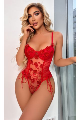 For Dreams 8423 Kırmızı Çiçekli Seksi Bodysuit- Kanatlı Butik