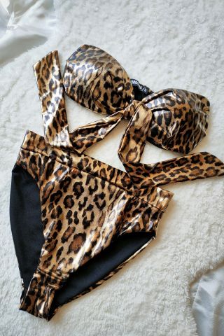 Straplez Leopar Lame Bikini Takım - Kanatlı Butik