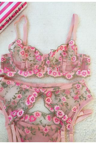 Pembe Çiçek Desenli Seksi Jartiyer Takım - Kanatlı Butik