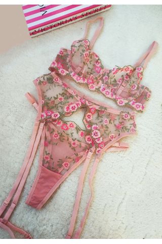 Pembe Çiçek Desenli Seksi Jartiyer Takım - Kanatlı Butik